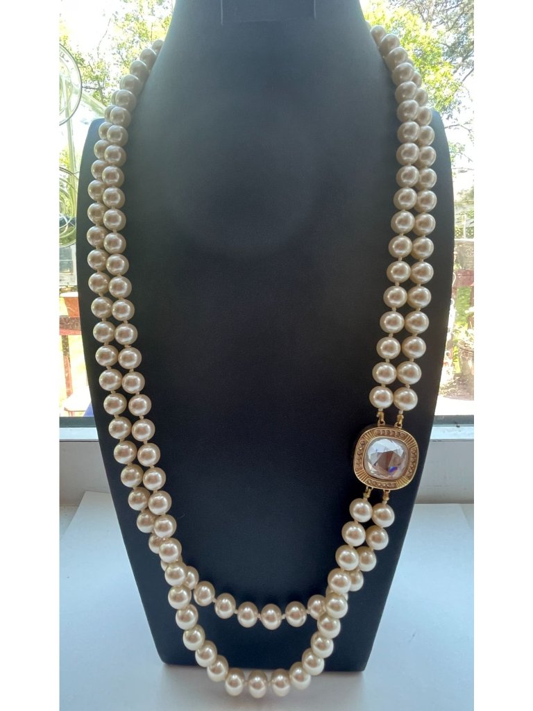 Vtg S.A.L. Faux Pearl Multi-Strand Necklace W/ Swarovski Crystal Pendant & Rhine